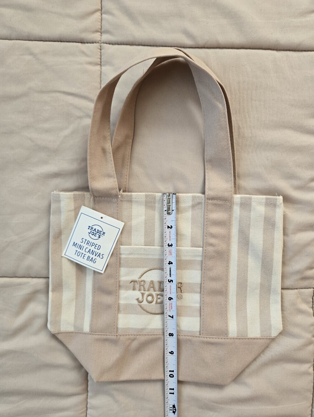 NWT Trader Joe's Mini Striped Tote Bag In Beige Tan - Picture 3 of 3